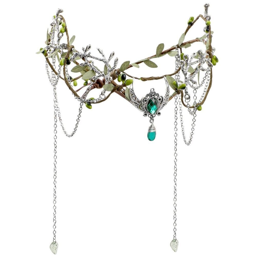Woodland Fairy Headpiece for Women Green Elf Crown Tassel Medieval Costume